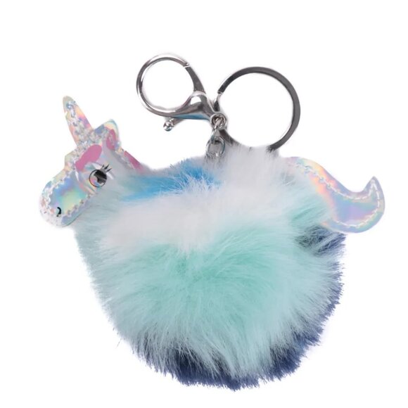 Unicorn PomPom Silver Keychain, Bag Charm, Blue & Green, Gift Girls & Kids - Picture 2 of 4